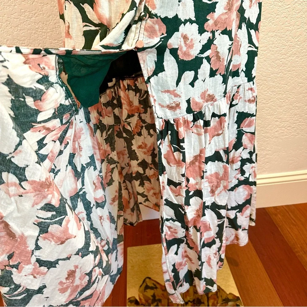Abercrombie &‎ Fitch Green Coral Floral V-Neck Plunge Linen Blend Maxi Dress